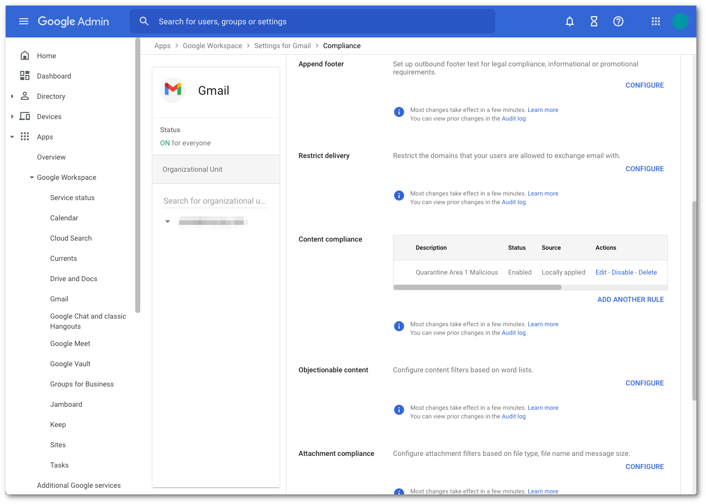 After configuration, the console shows the content compliance filter